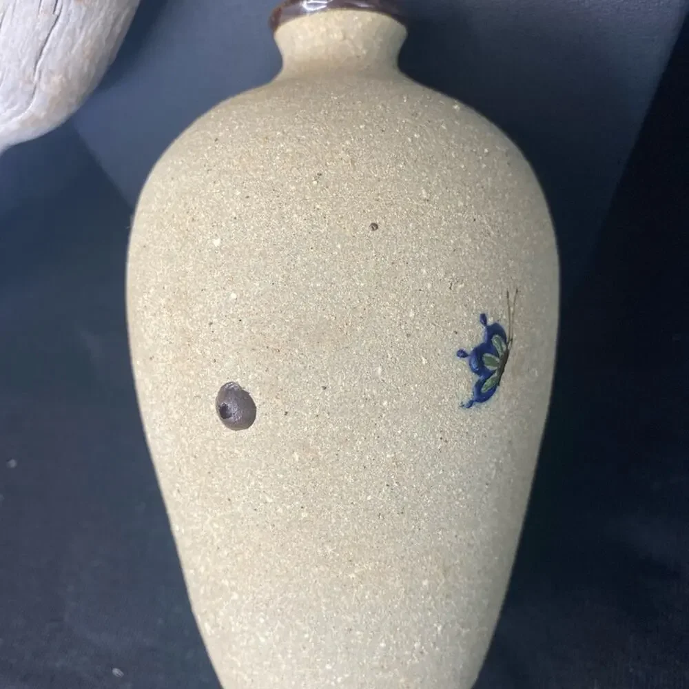 Set of 2 Mexican Mid 20th Century Sand Finish Pottery Vases. Hand painted.